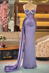 Hermoso vestido de fiesta largo morado de sirena, sin mangas, con tirantes y volantes
